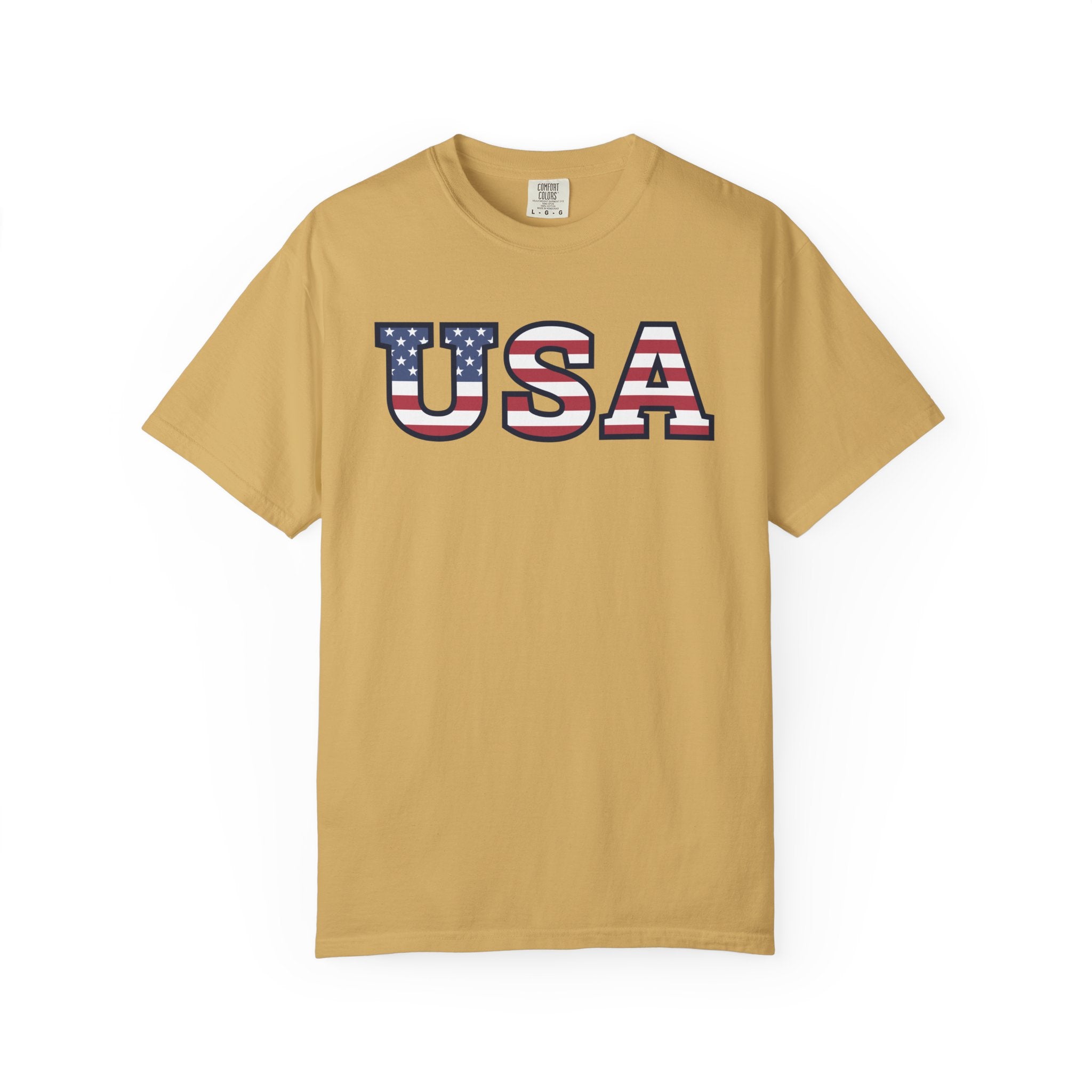 USA Typography Patriotic T-Shirt - Mustard / S