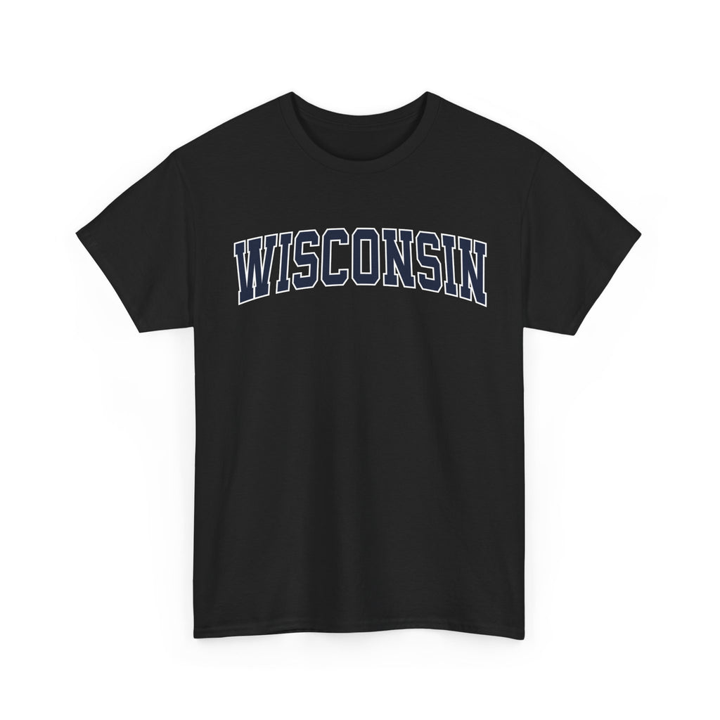 Black t-shirt with 'WISCONSIN' printed on a white background