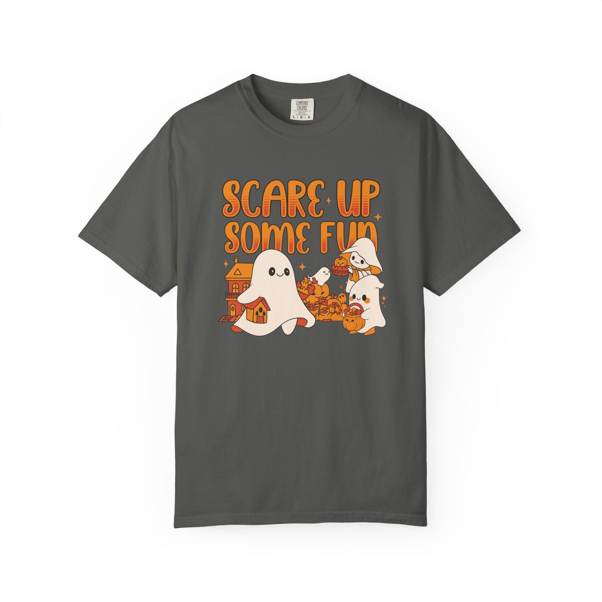 Funny Halloween Ghost T-Shirt: Spooky Pumpkin Design with ’Scare Up Some Fun’ Quote - Pepper / S - T-Shirt