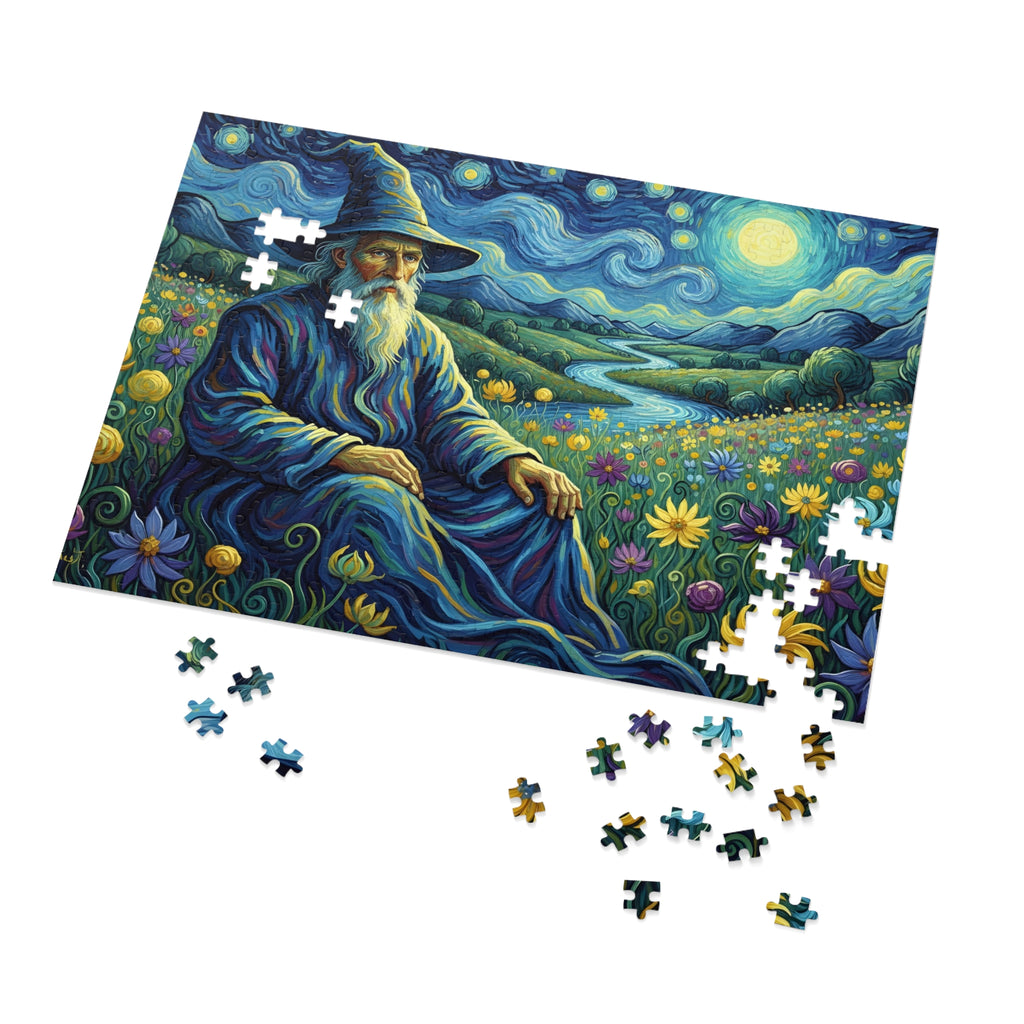 Jigsaw puzzle with a wizard in a fantasy landscape, partially completed.