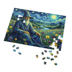 Jigsaw puzzle with a wizard in a fantasy landscape, partially completed.