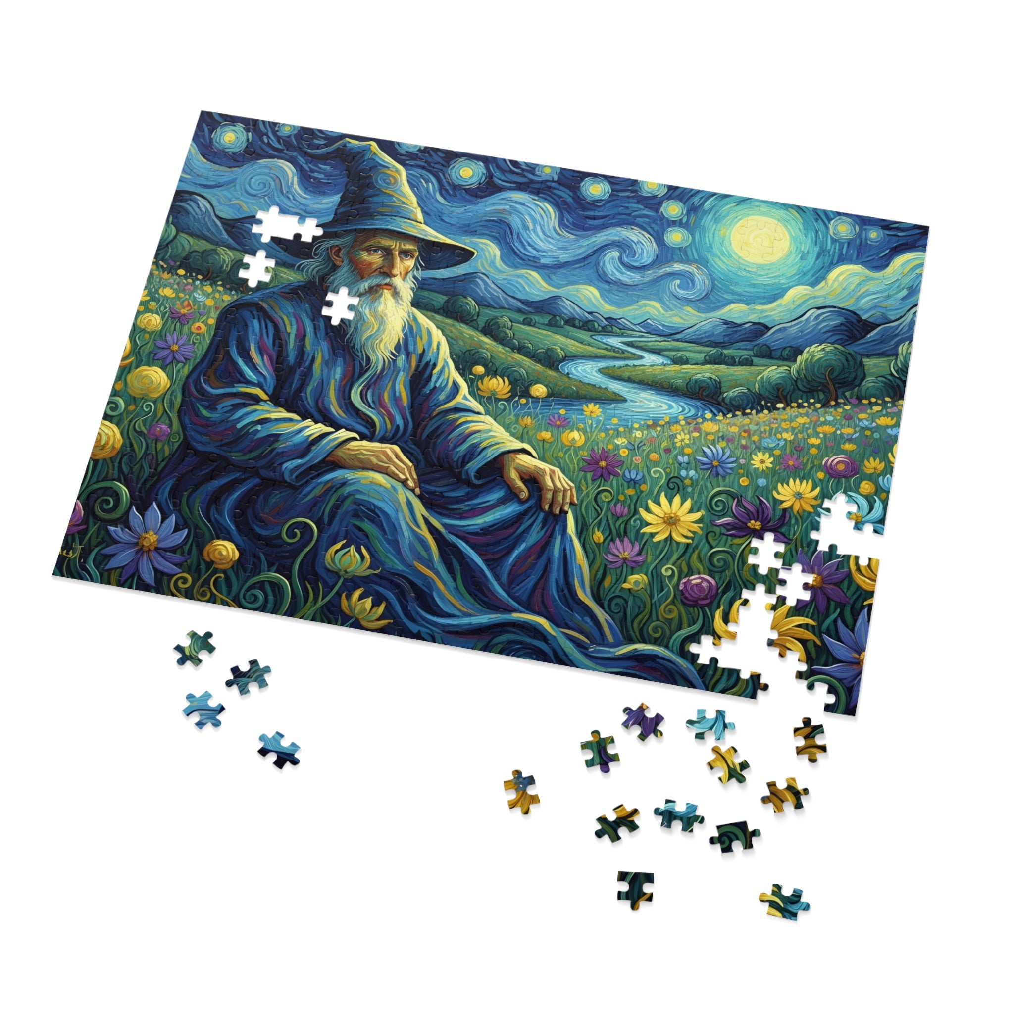 Jigsaw puzzle with a wizard in a fantasy landscape, partially completed.