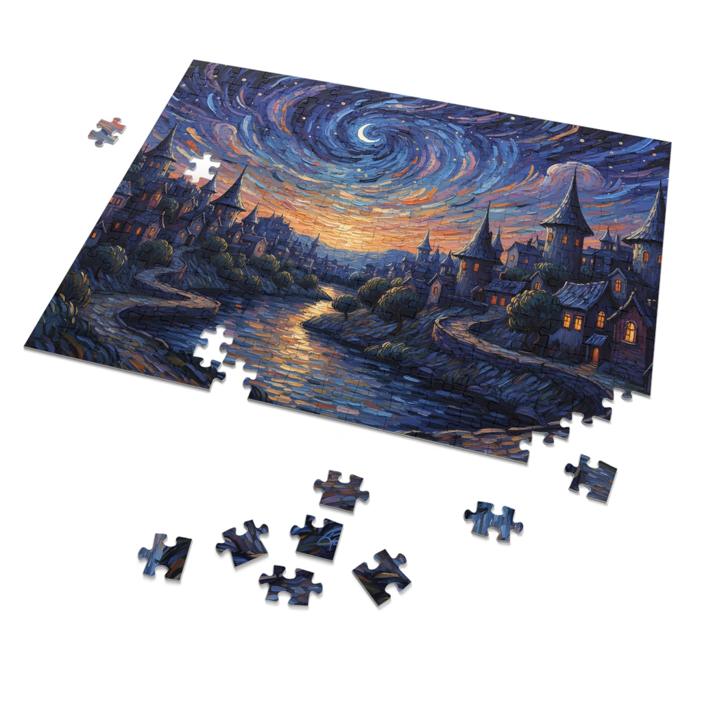 Jigsaw puzzle of a starry night scene with a village, some pieces missing.