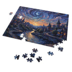 Jigsaw puzzle of a starry night scene with a village, some pieces missing.
