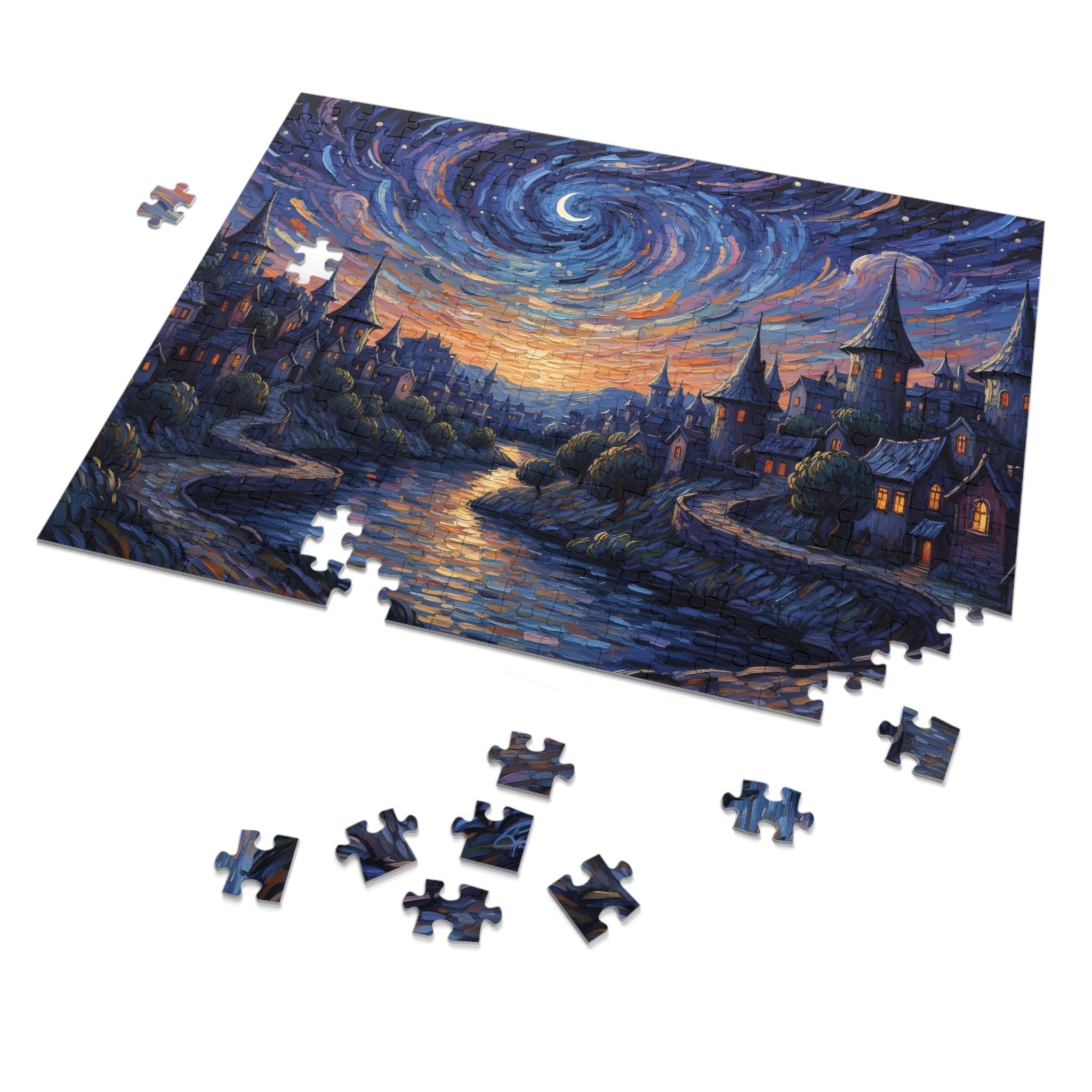 Jigsaw puzzle of a starry night scene with a village, some pieces missing.