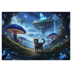 Jigsaw Puzzles of A fantasy landscape with a confused but brave domestic cat finds itself in a lush, magical forest with glowing mushrooms and floating islands, a cinematic fantasy scene, detailed.
