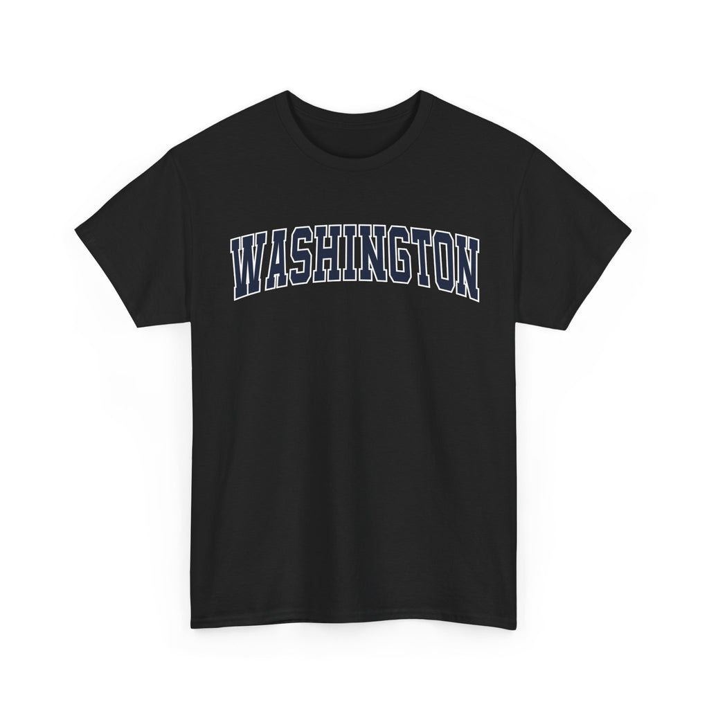 Black t-shirt with 'WASHINGTON' printed on a white background