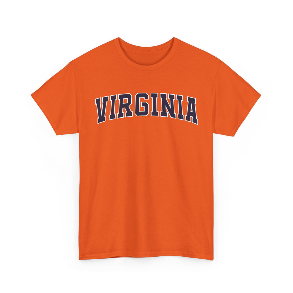Orange t-shirt with 'Virginia' printed on it against a white background
