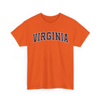 Orange t-shirt with 'Virginia' printed on it against a white background