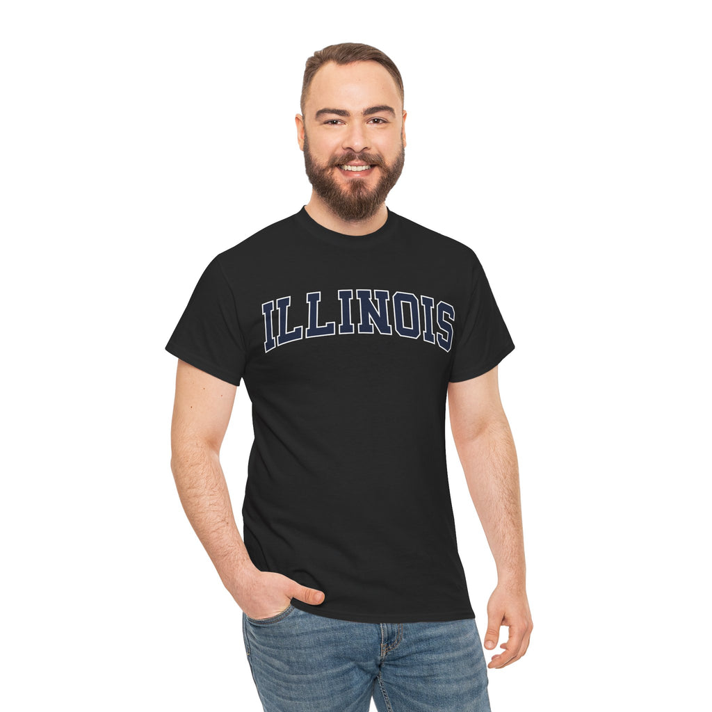 Man wearing a black 'ILLINOIS' t-shirt on a white background