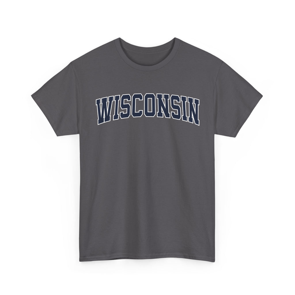 Charcoal t-shirt with 'WISCONSIN' printed on it against a white background
