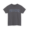 Charcoal t-shirt with 'WISCONSIN' printed on it against a white background