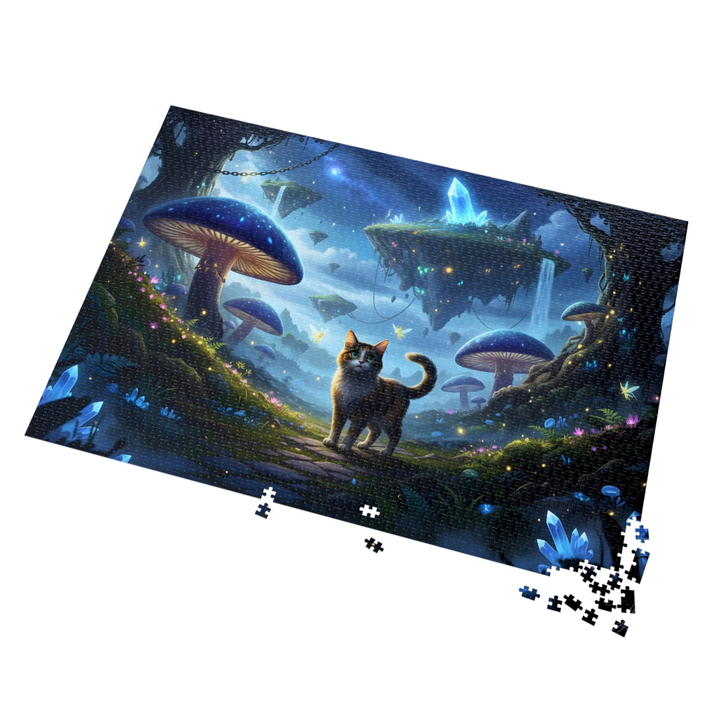 Fantasy puzzle with a cat and mushrooms on a white background