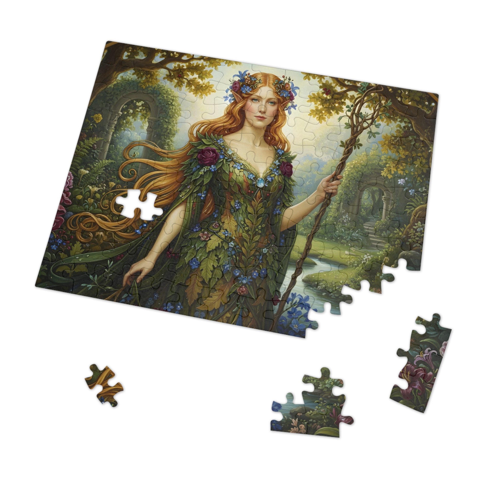 a mockup of a 110pcs Jigsaw puzzle set with a 'Majestic Elven Queen of Isekai Fantasy Forest' design on a white background