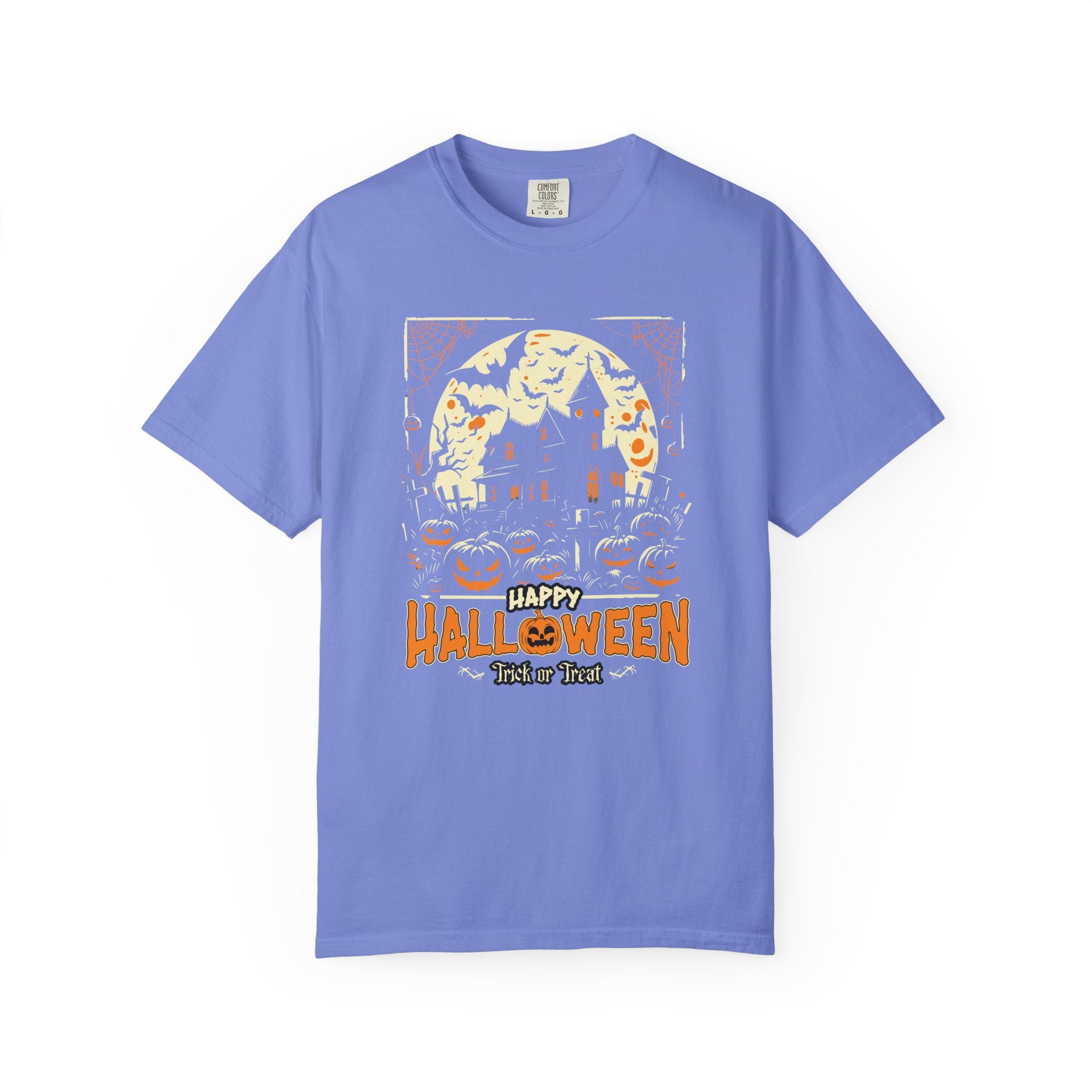 Happy Halloween T-Shirt: Haunted House Graphic Tee with Bats & Pumpkin - Trick or Treat - Flo Blue / S - T-Shirt