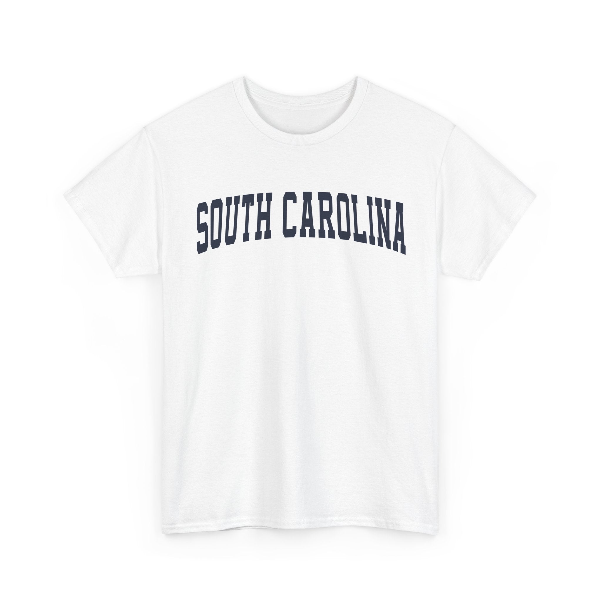 White t-shirt with 'SOUTH CAROLINA' text on a white background