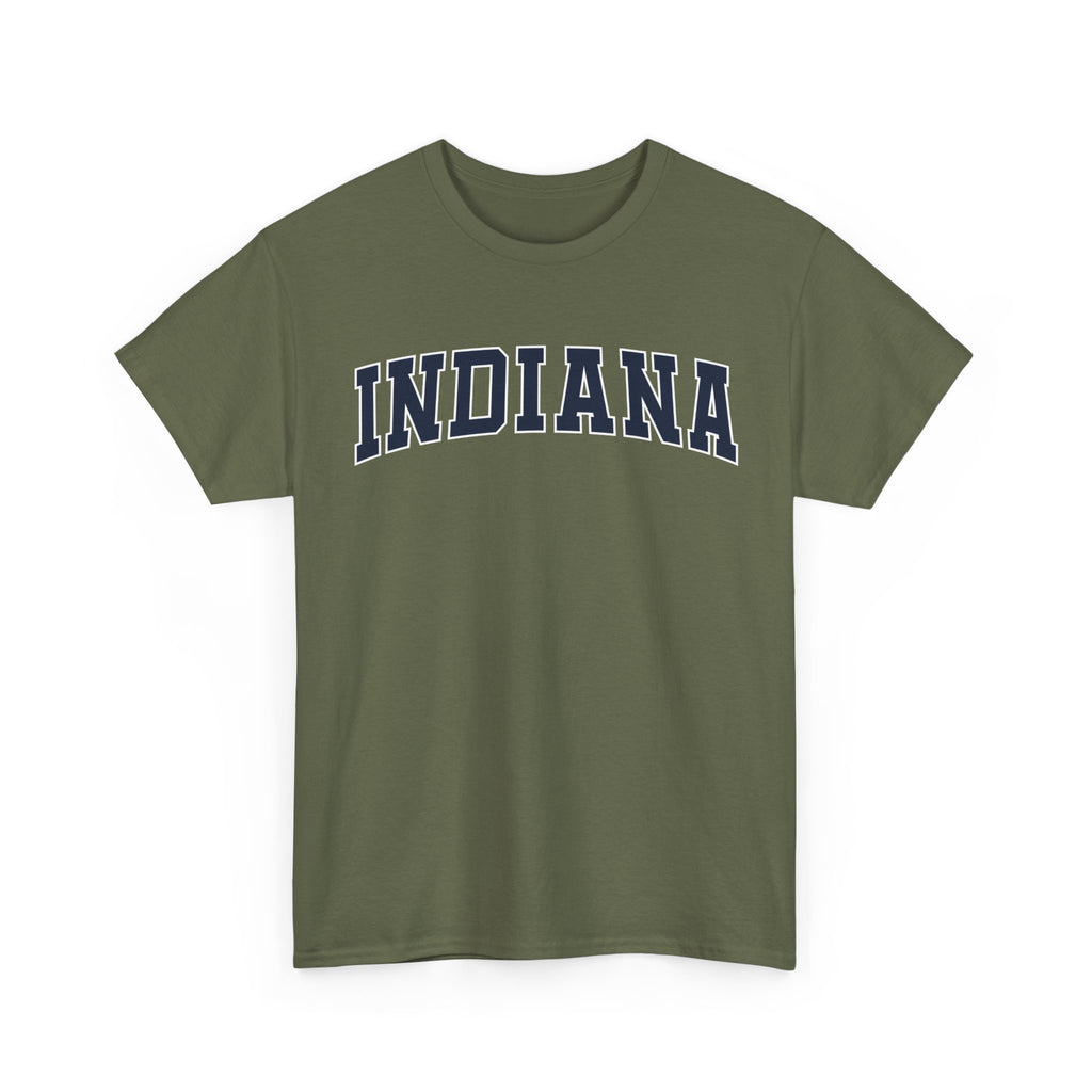 Green t-shirt with 'INDIANA' text on a white background