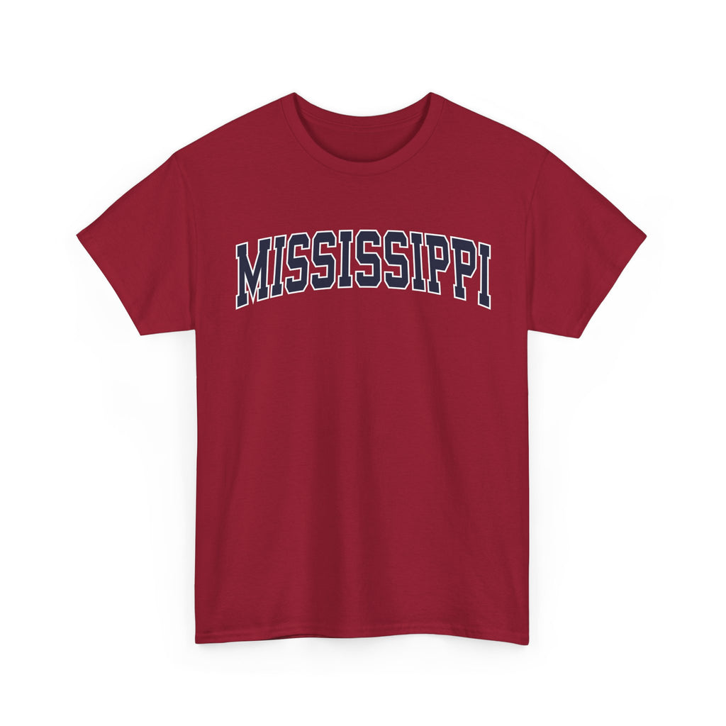 Red t-shirt with 'MISSISSIPPI' printed on a white background