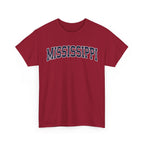 Red t-shirt with 'MISSISSIPPI' printed on a white background