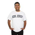 Man wearing a white t-shirt with 'New Jersey' text on a white background