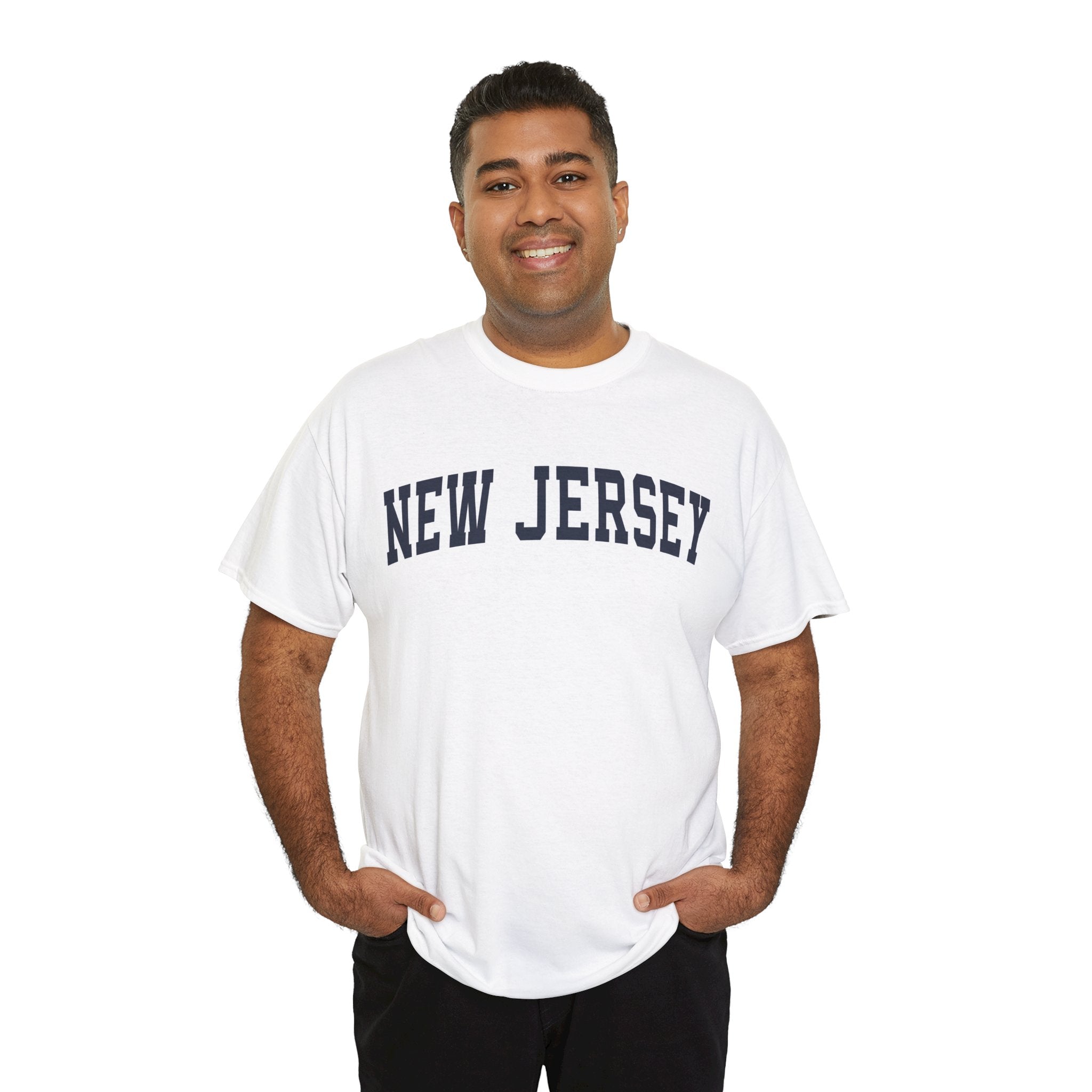 Man wearing a white t-shirt with 'New Jersey' text on a white background