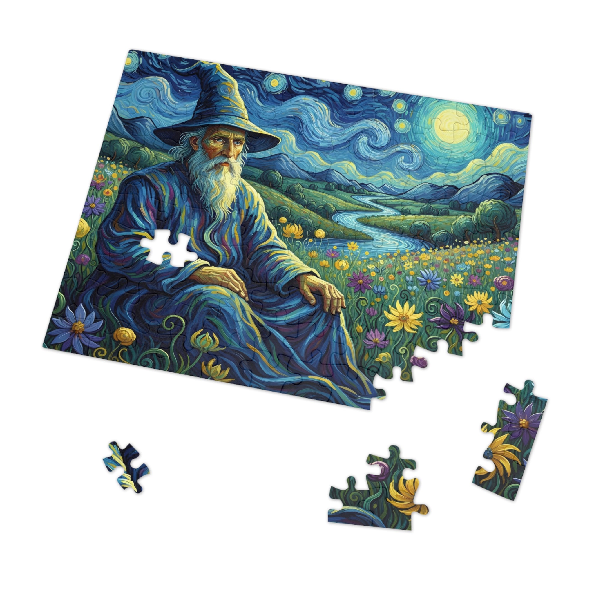 Jigsaw puzzle with a wizard and landscape design on a white background
