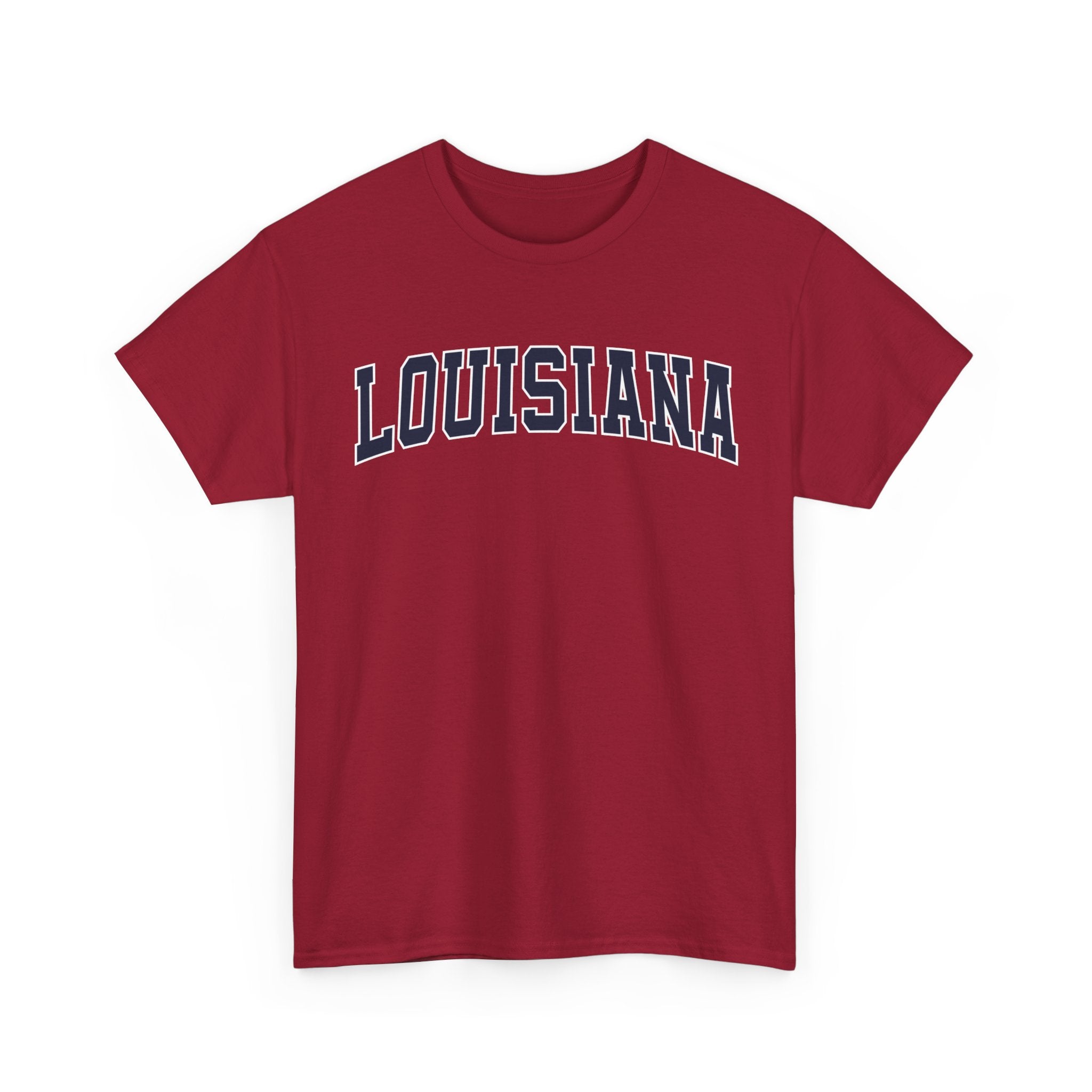 Red t-shirt with 'LOUISIANA' printed on a white background
