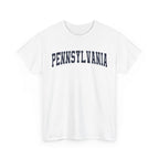 White t-shirt with 'Pennsylvania' text on a white background