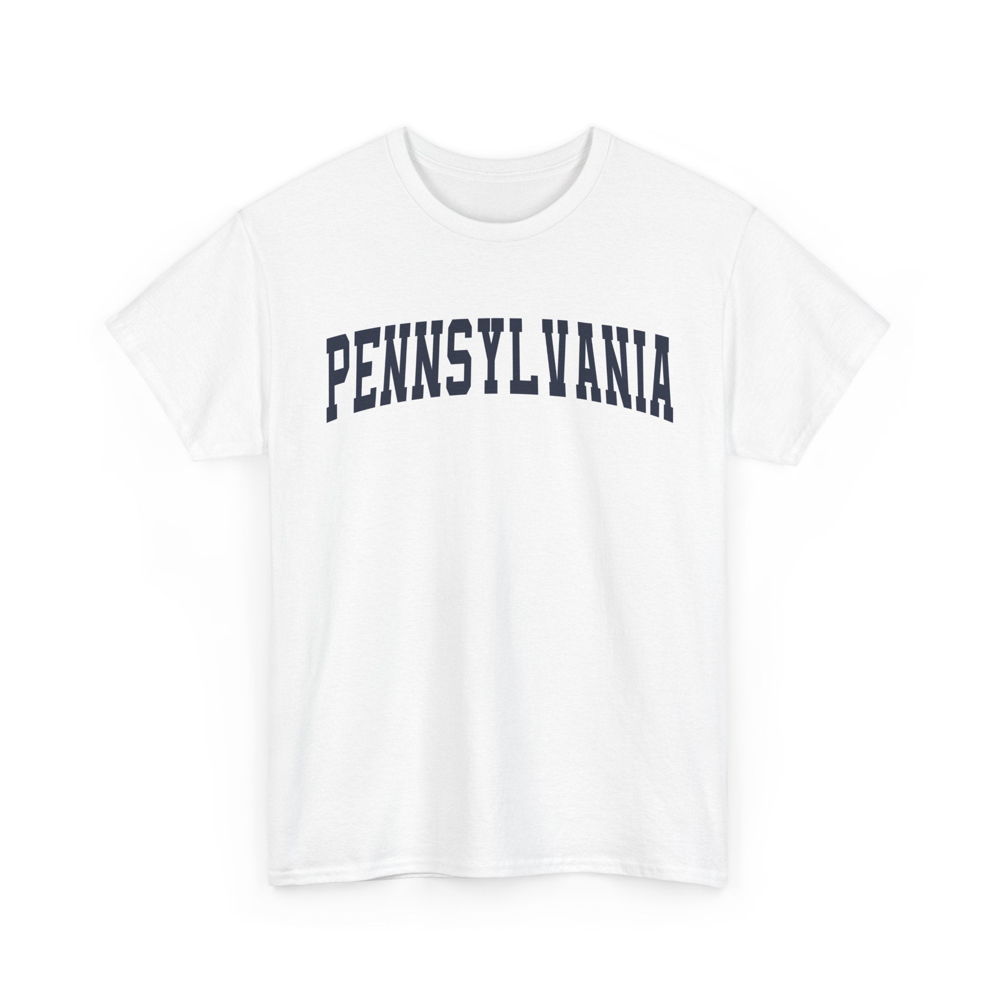 White t-shirt with 'Pennsylvania' text on a white background