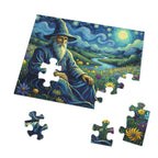 Jigsaw puzzle with a wizard and landscape design on a white background