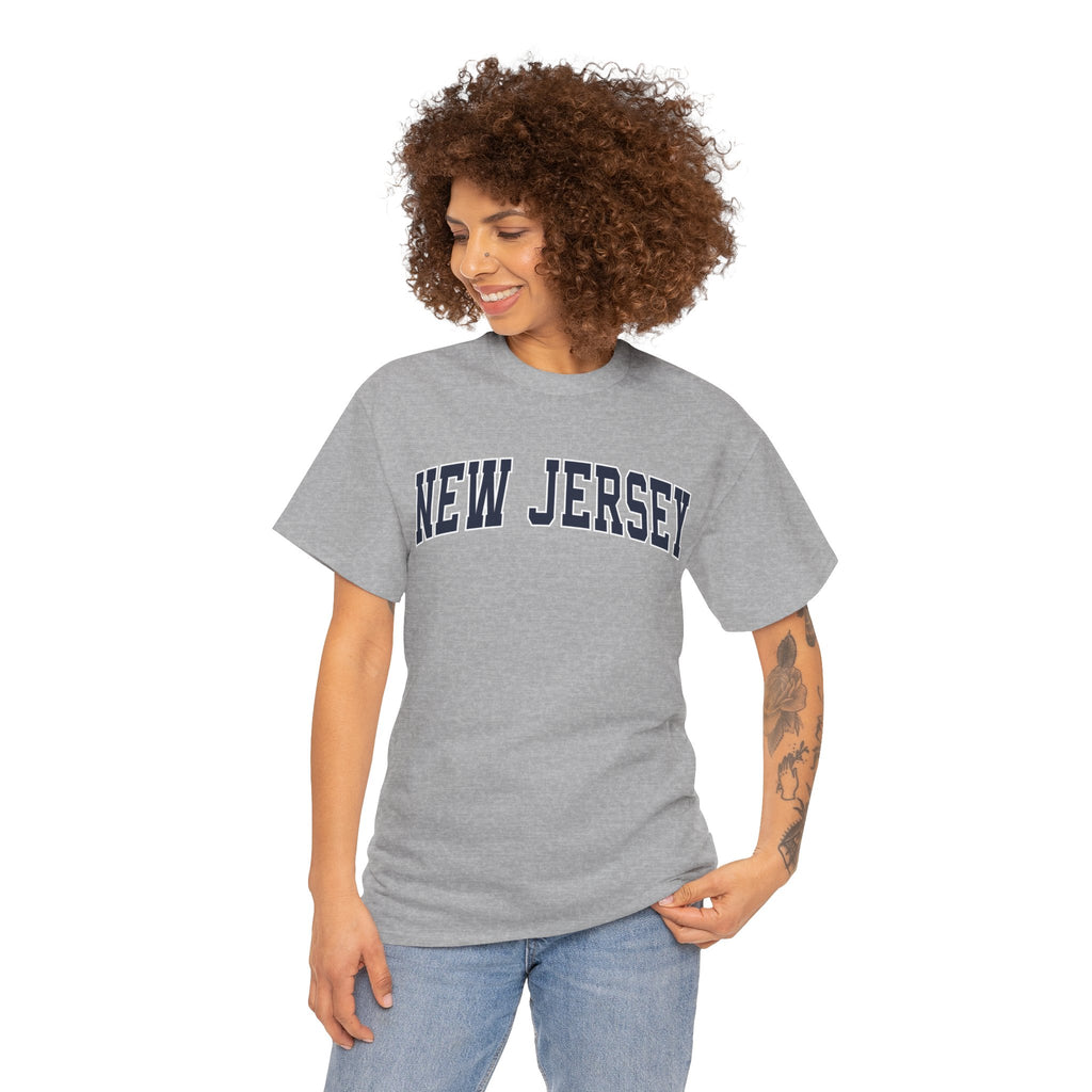 Woman wearing a gray 'New Jersey' t-shirt on a white background
