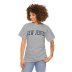 Woman wearing a gray 'New Jersey' t-shirt on a white background