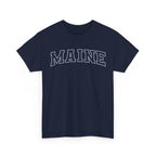 Navy blue t-shirt with 'MAINE' printed on a white background