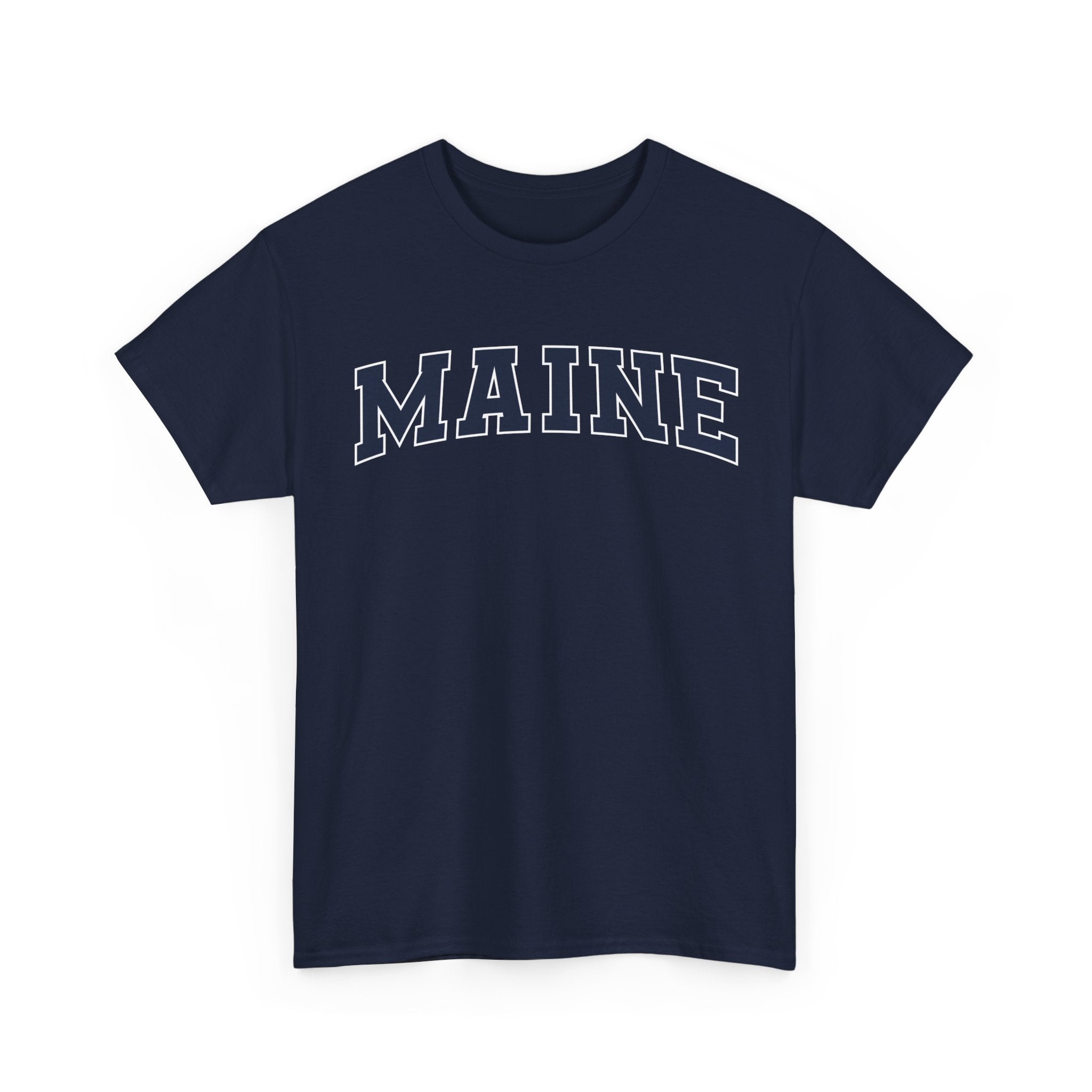 Navy blue t-shirt with 'MAINE' printed on a white background