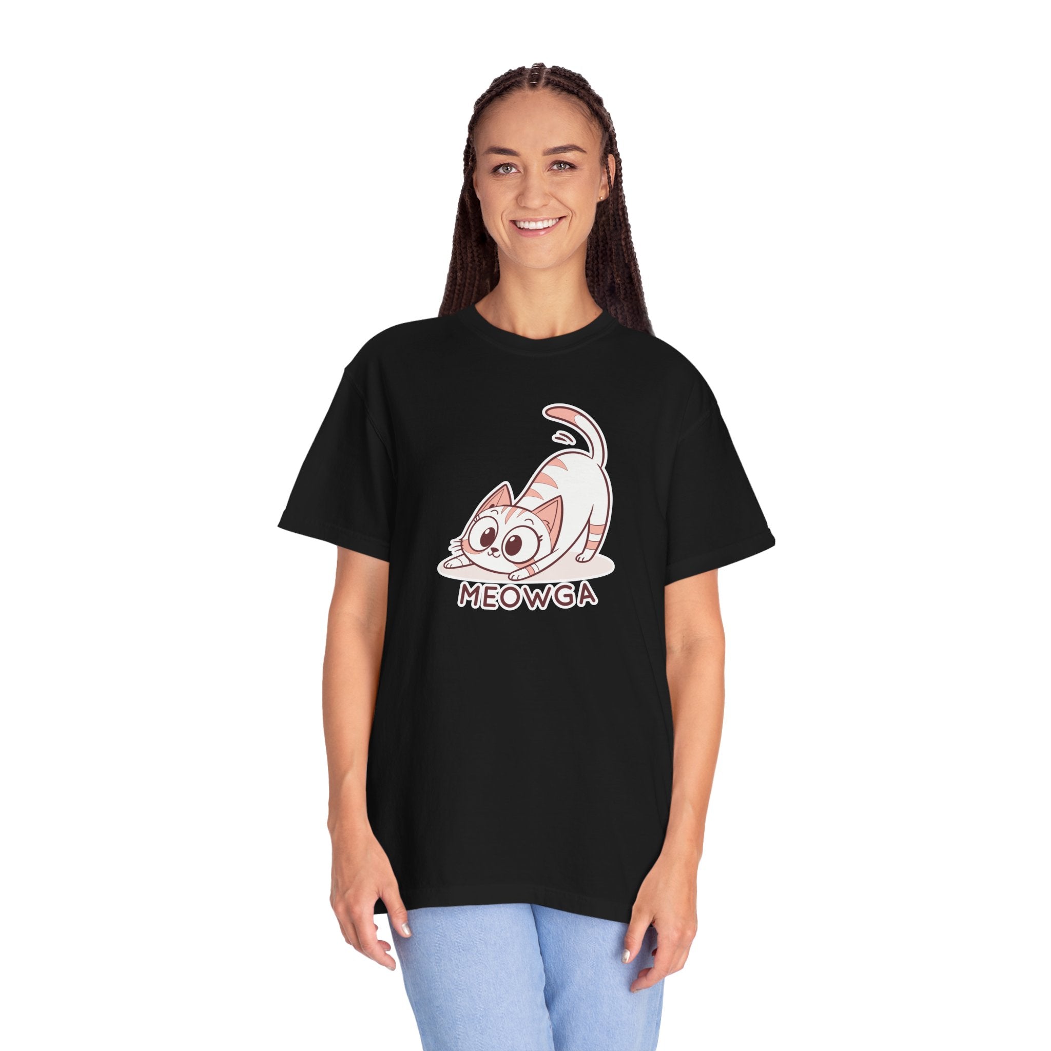 ’Meowga’ Cat Yoga T-Shirt | Cute Kitten Stretch Pose Graphic Tee
