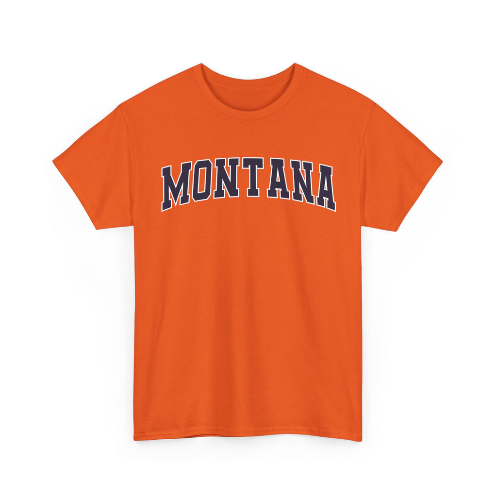 Orange t-shirt with 'MONTANA' printed on it against a white background