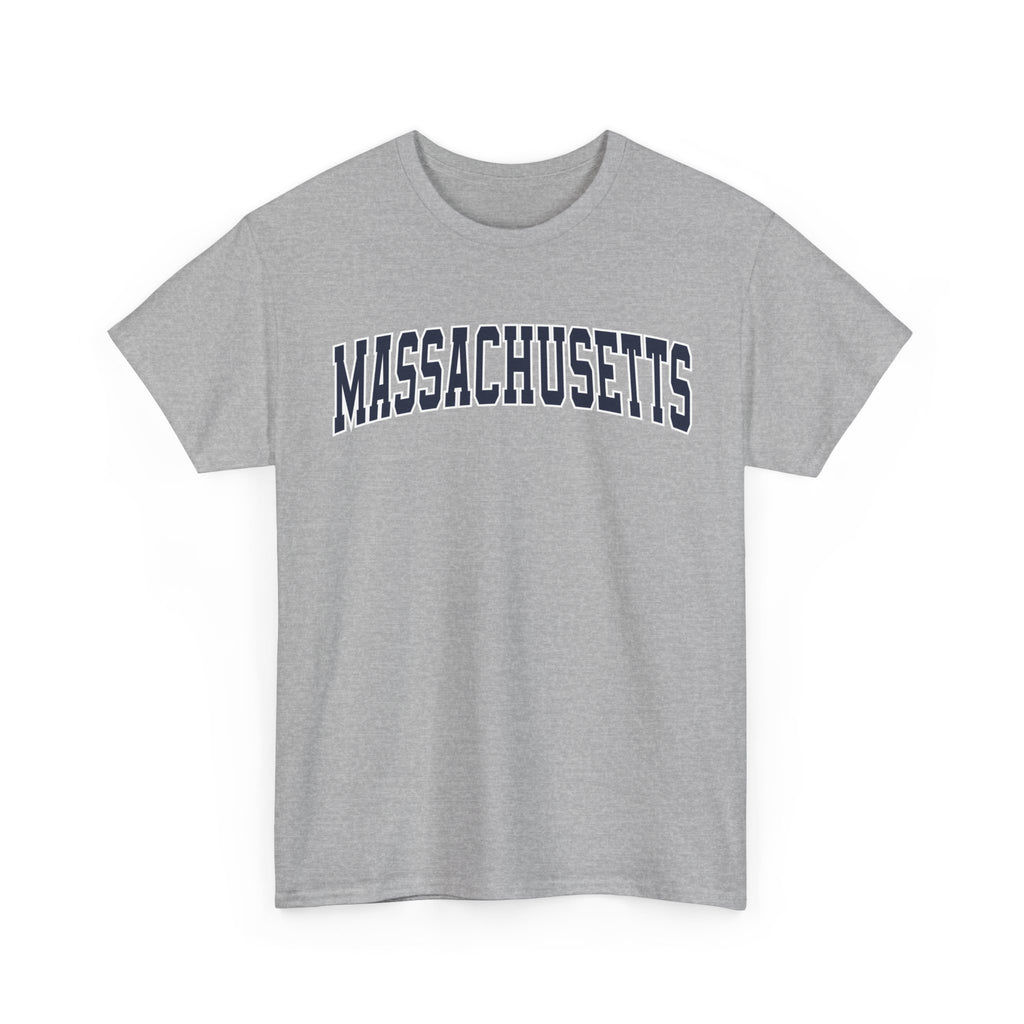 Gray t-shirt with 'MASSACHUSETTS' text on a white background