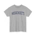 Gray t-shirt with 'MASSACHUSETTS' text on a white background