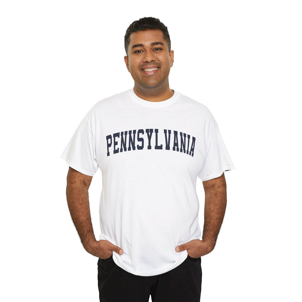 Man wearing a white t-shirt with 'Pennsylvania' printed on it against a white background