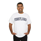 Man wearing a white t-shirt with 'Pennsylvania' printed on it against a white background