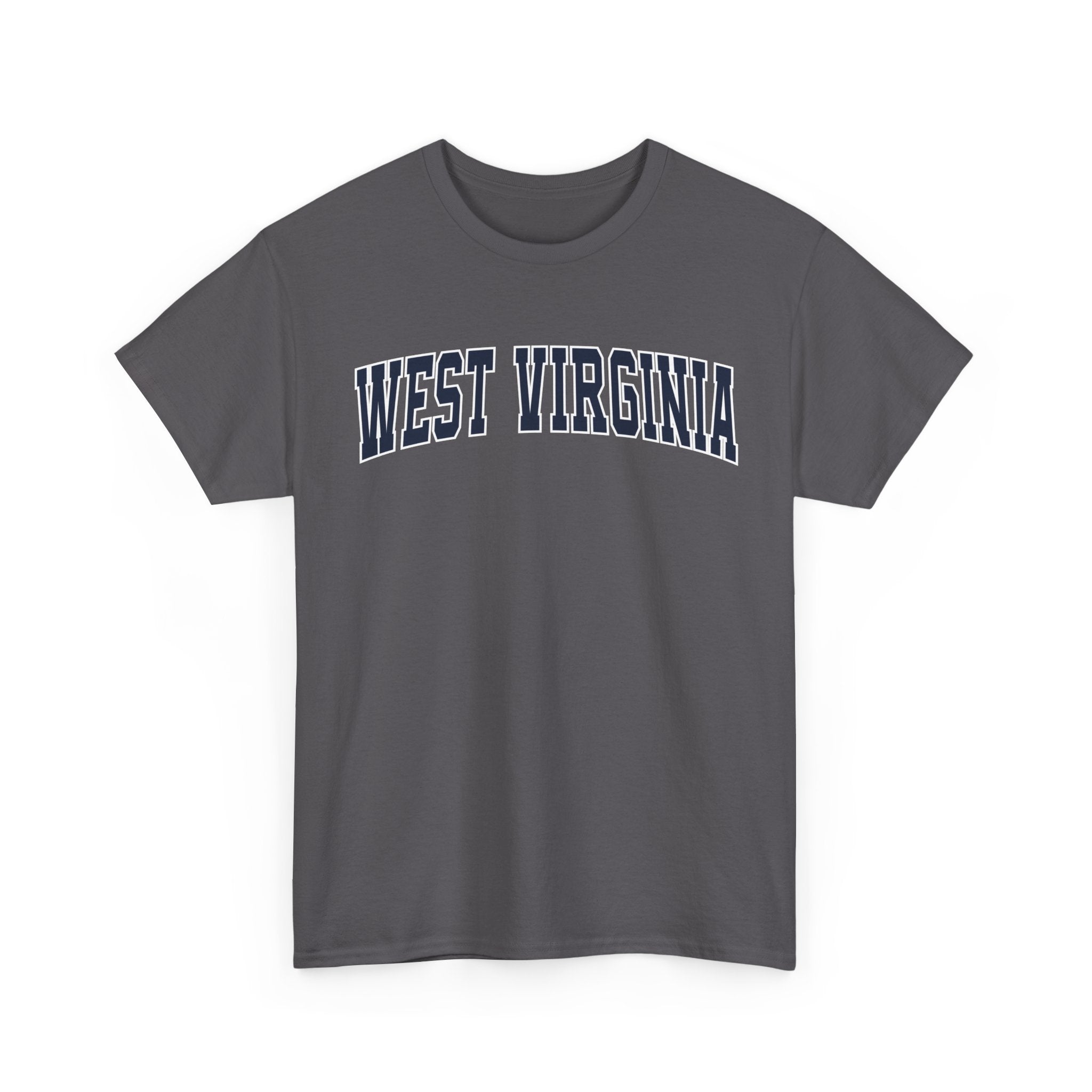Gray t-shirt with 'West Virginia' text on a white background