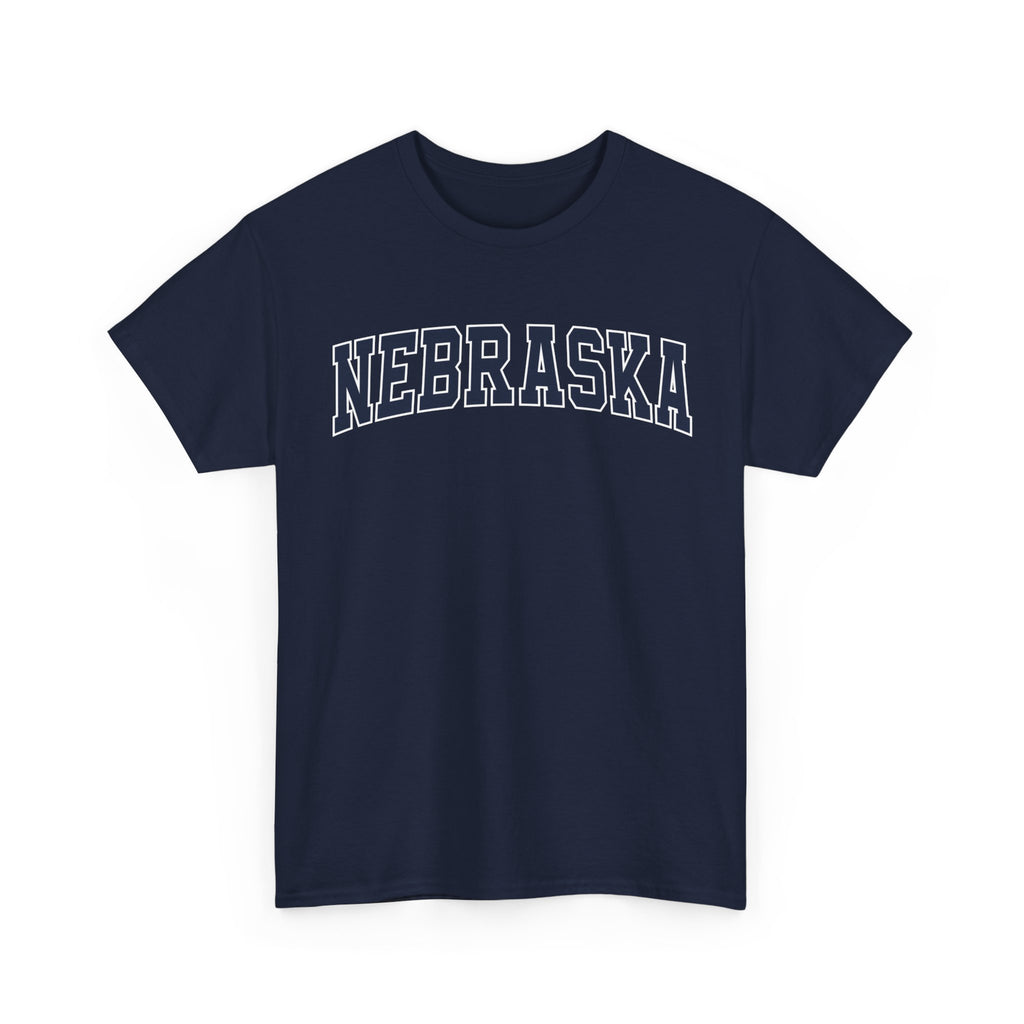 Navy blue t-shirt with 'NEBRASKA' printed on a white background