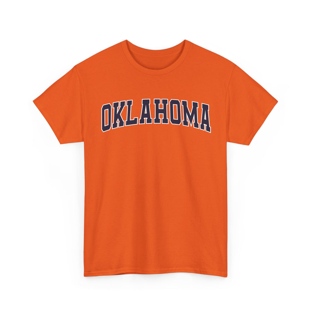 Orange t-shirt with 'OKLAHOMA' text on a white background
