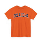 Orange t-shirt with 'OKLAHOMA' text on a white background