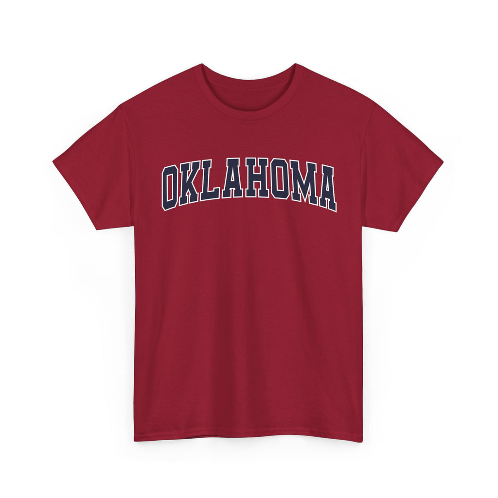 Red t-shirt with 'OKLAHOMA' text on a white background