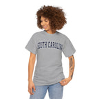 Woman wearing a gray 'South Carolina' t-shirt on a white background