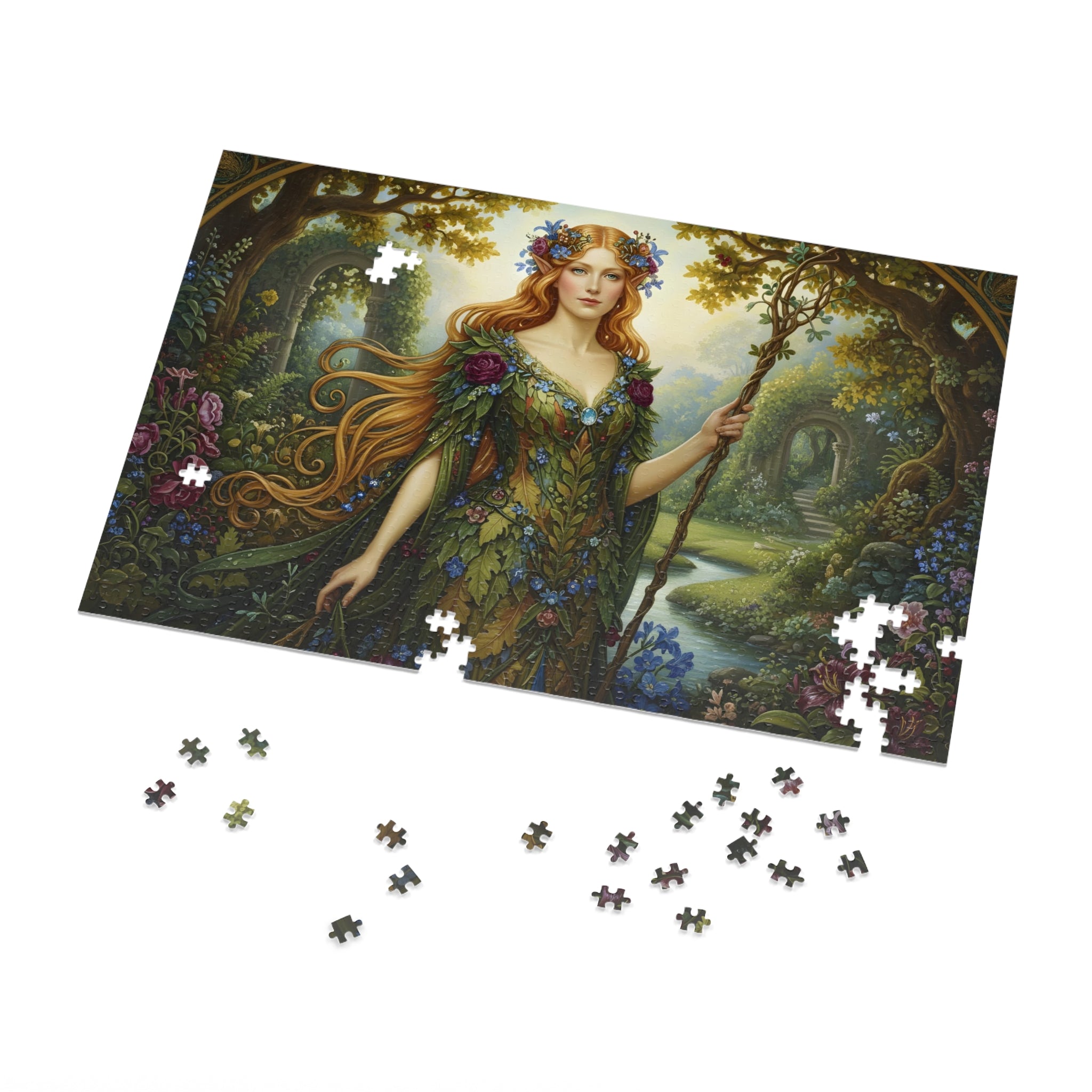 a mockup of a 1000pcs Jigsaw puzzle set with a 'Majestic Elven Queen of Isekai Fantasy Forest' design on a white background
