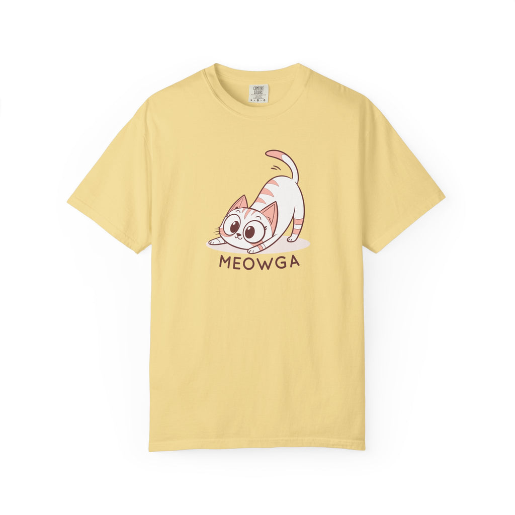 ’Meowga’ Cat Yoga T-Shirt | Cute Kitten Stretch Pose Graphic Tee - Butter / S
