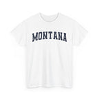 White t-shirt with 'MONTANA' printed in navy on a white background