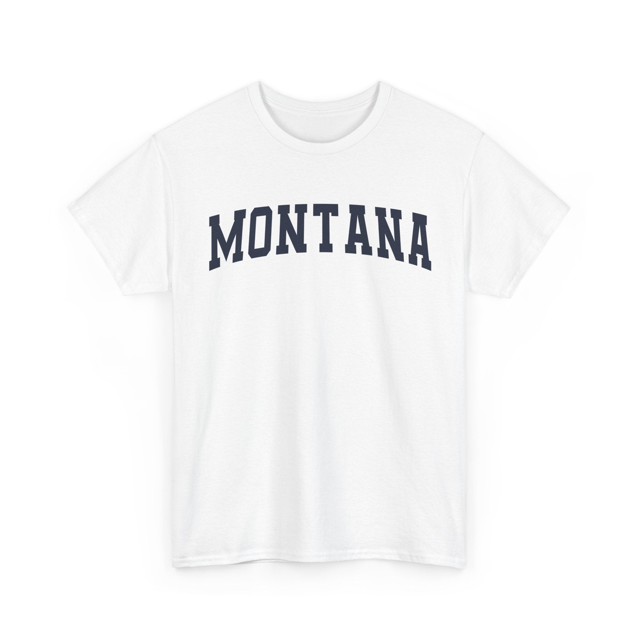 White t-shirt with 'MONTANA' printed in navy on a white background